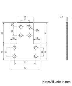 Technical Drawing Of Plate Connector - T - Double Slot - 20 Series - Steel - Grey
