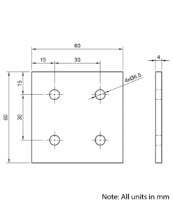 Technical Drawing Of Plate Connector - 4 Hole - Double Slot - 30 Series - Aluminium - Silver