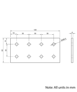 Technical Drawing Of Plate Connector - 8 Hole - Double Slot - 30 Series - Aluminium - Silver