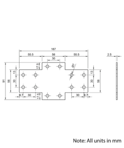 Technical Drawing Of Plate Connector - Cross - Double Slot - 30 Series - Steel - Grey