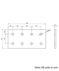 Technical Drawing Of Plate Connector - 8 Hole - Double Slot - 40 Series - Aluminium - Silver