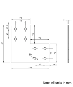 Technical Drawing Of Plate Connector - 90 Degree - Double Slot - 40 Series - Steel - Grey