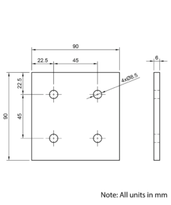 Technical Drawing Of Plate Connector - 4 Hole - Double Slot - 45 Series - Aluminium - Silver