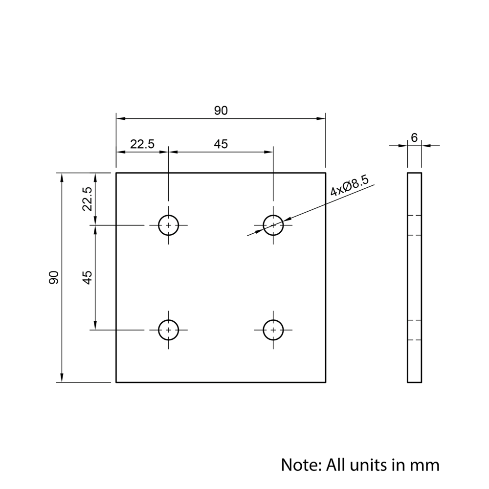 Technical Drawing Of Plate Connector - 4 Hole - Double Slot - 45 Series - Aluminium - Silver