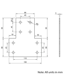 Technical Drawing Of Plate Connector - T - Double Slot - 45 Series - Steel - Grey