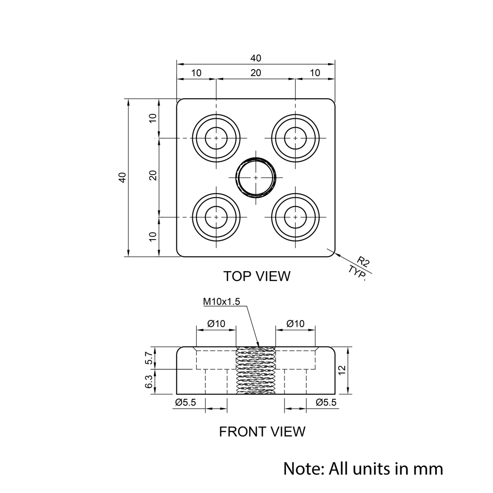 Technical Drawing Of Foot Plate - 20 Series - 40x40 - M10