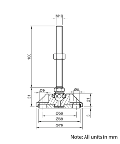 Technical Drawing Of Articulating Anti-slip Levelling Foot - Metal 75mm - M10 - 100mm