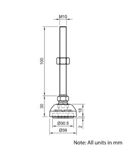 Technical Drawing Of Articulating Anti-slip Levelling Foot - Nylon 39mm - M10 - 100mm