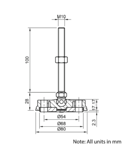 Technical Drawing Of Articulating Anti-slip Levelling Foot - Nylon 80mm - M10 - 100mm