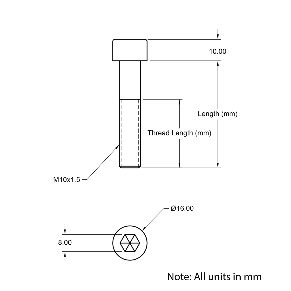 Technical Drawing of Cap Head Bolt - M10 - 12mm