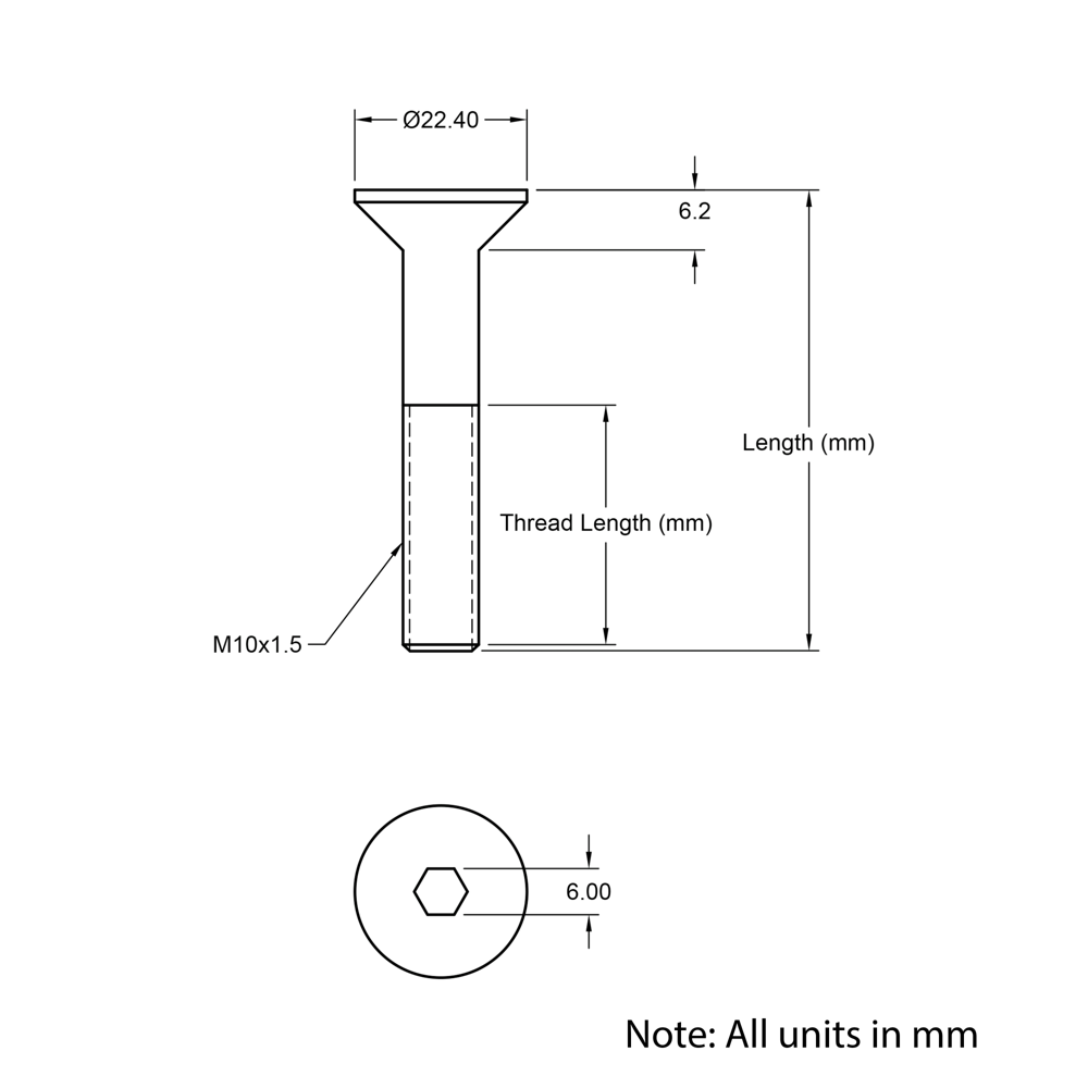 Technical Drawing of Countersunk Bolt - M10 - 30mm