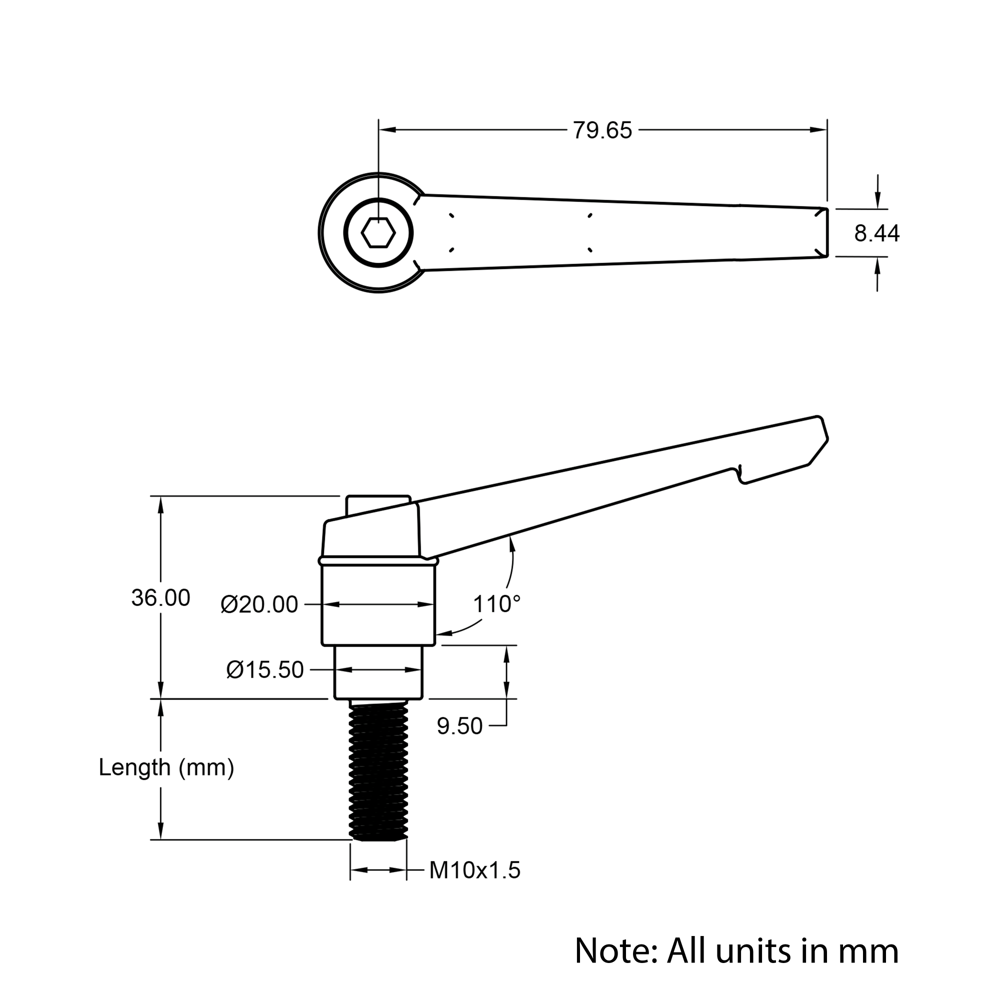 Technical Drawing Of Adjustable Handle - M10 - 50mm