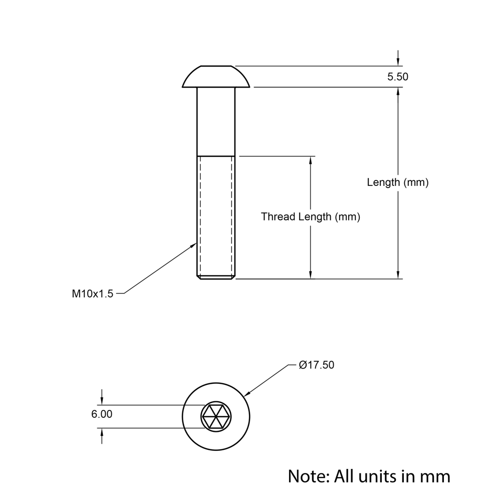 Technical Drawing Of Button Head Bolt - M10 - 50mm