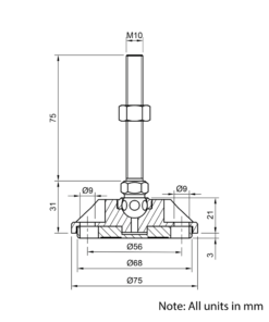 Technical Drawing Of Articulating Anti-slip Levelling Foot - Metal 75mm - M10 - 75mm