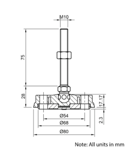 Technical Drawing Of Articulating Anti-slip Levelling Foot - Nylon 80mm - M10 - 75mm