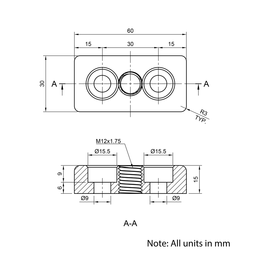 Technical Drawing Of Foot Plate - 30 Series - 30x60 - M12