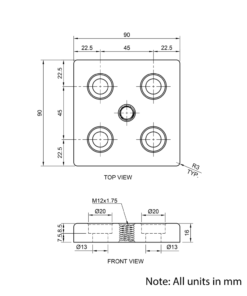 Technical Drawing Of Foot Plate - 45 Series - 90x90 - M12
