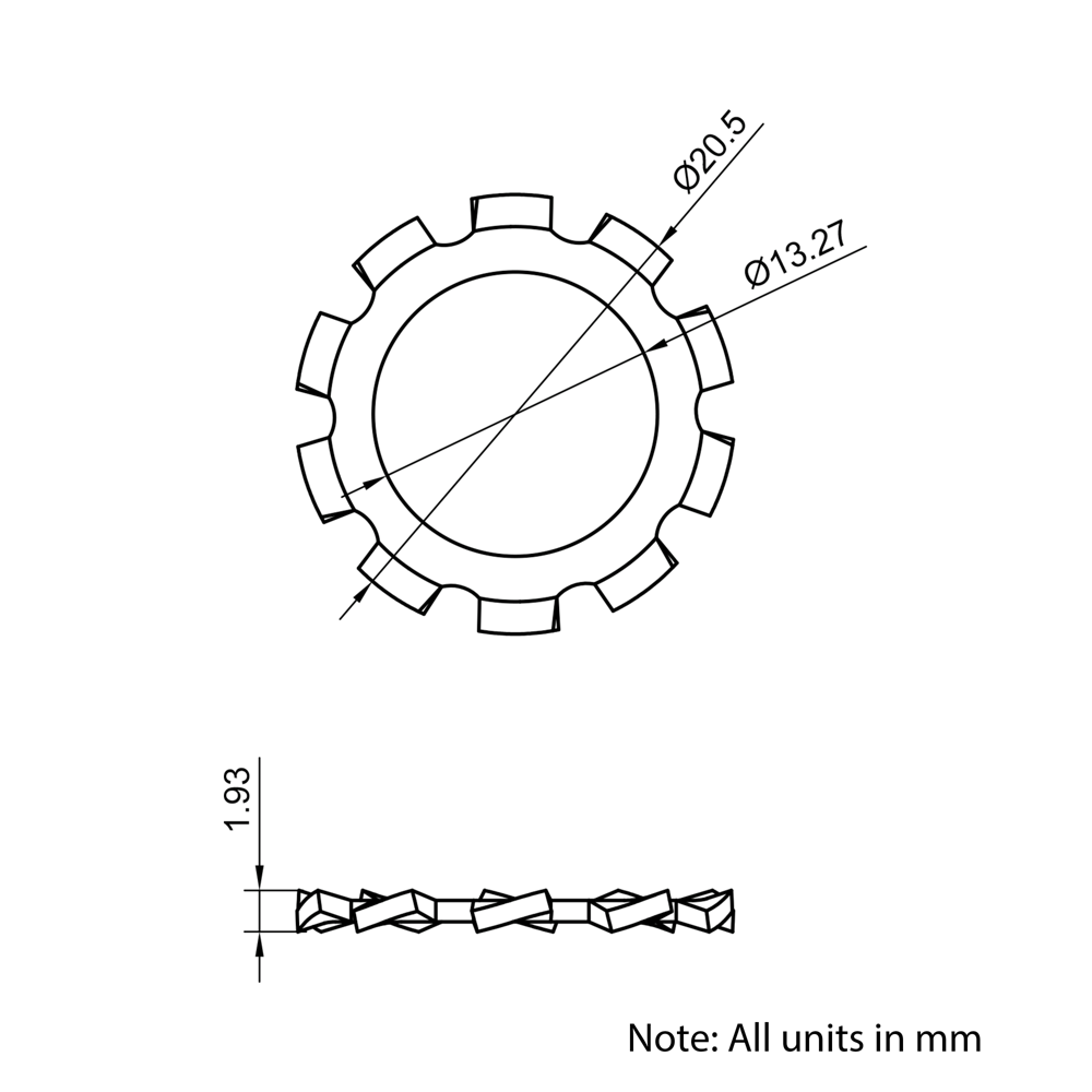 Technical Drawing Of External Toothed Lock Washer - M12