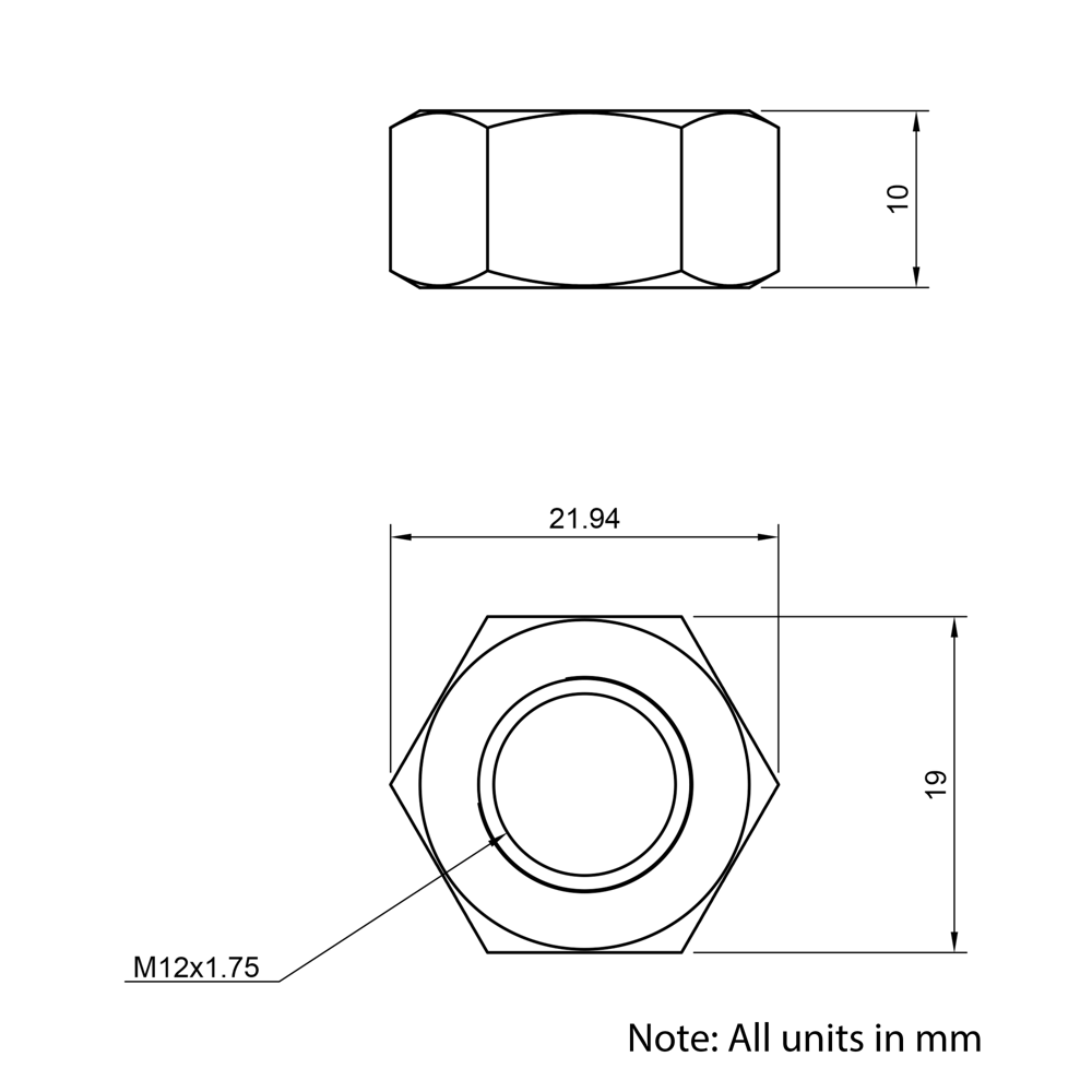Technical Drawing of Hexagon Full Nut - M12