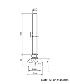 Technical Drawing Of Articulating Anti-slip Levelling Foot - Metal 39mm - M12 - 100mm