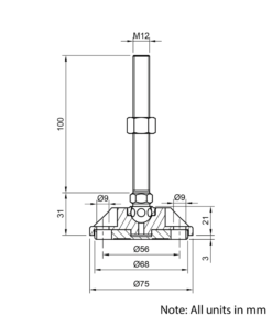 Technical Drawing Of Articulating Anti-slip Levelling Foot - Metal 75mm - M12 - 100mm