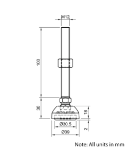 Technical Drawing Of Articulating Anti-slip Levelling Foot - Nylon 39mm - M12 - 100mm