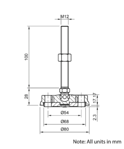 Technical Drawing Of Articulating Anti-slip Levelling Foot - Nylon 80mm - M12 - 100mm