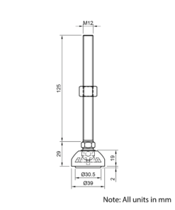 Technical Drawing Of Articulating Anti-slip Levelling Foot - Metal 39mm - M12 - 125mm