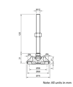 Technical Drawing Of Articulating Anti-slip Levelling Foot - Metal 75mm - M12 - 125mm