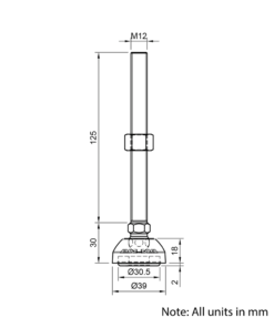 Technical Drawing Of Articulating Anti-slip Levelling Foot - Nylon 39mm - M12 - 125mm