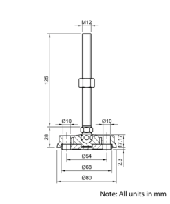 Technical Drawing Of Articulating Anti-slip Levelling Foot - Nylon 80mm - M12 - 125mm