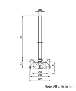 Technical Drawing Of Articulating Anti-slip Levelling Foot - Metal 75mm - M12 - 150mm