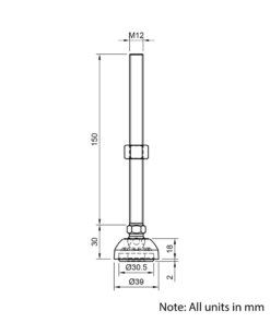 Technical Drawing Of Articulating Anti-slip Levelling Foot - Nylon 39mm - M12 - 150mm