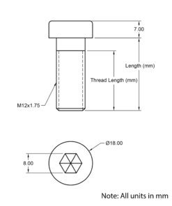 Technical Drawing of Low Cap Head Bolt - M12 - 30mm