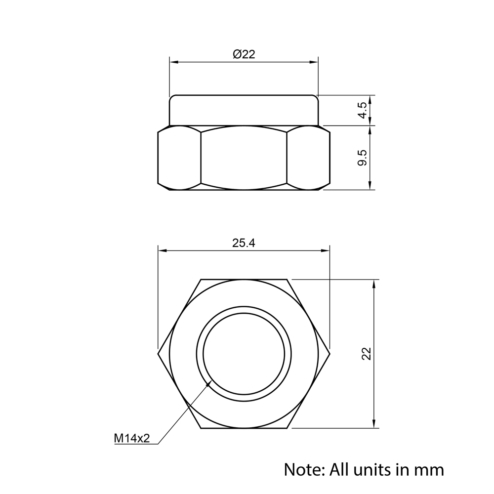 Technical Drawing of Nyloc Nut - M14