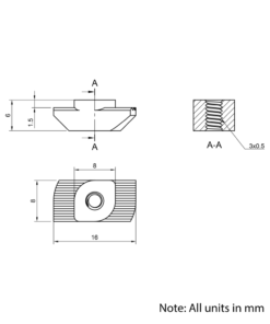 Technical Drawing Of Drop In Nut - T-Slot - 30 Series - M3