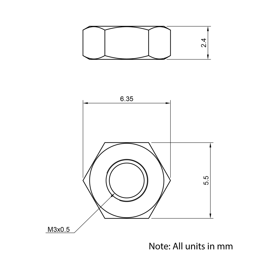 Technical Drawing of Hexagon Full Nut - M3