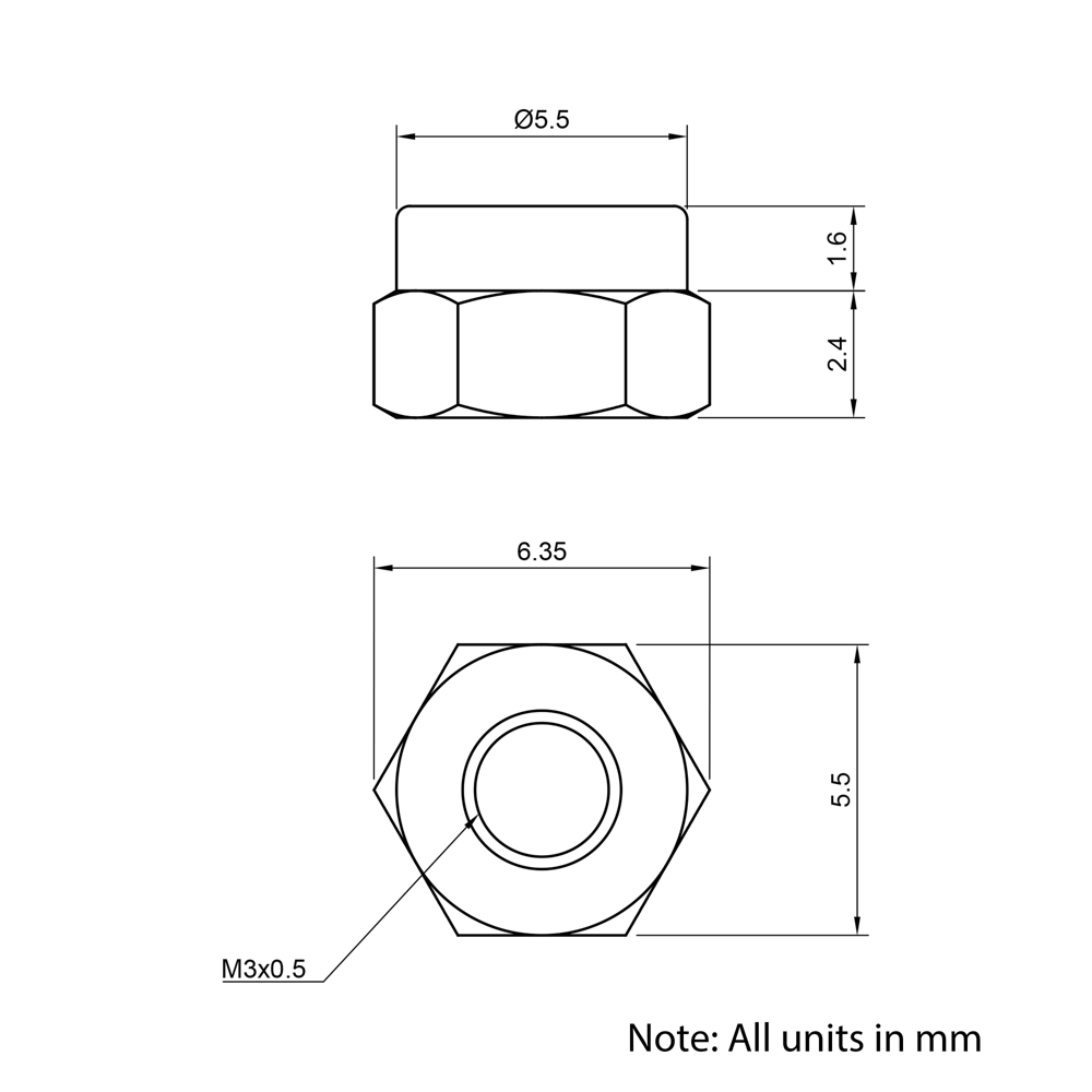 Technical Drawing of Nyloc Nut - M3