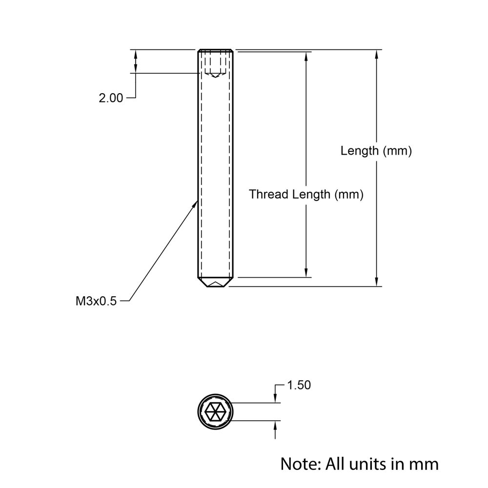 Technical Drawing of Grub Screw - M3 - 6mm