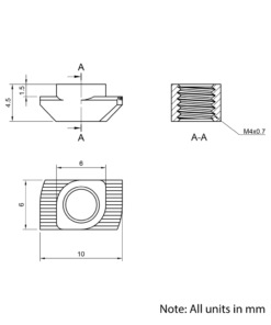 Technical Drawing Of Drop In Nut - T/V-Slot - 20 Series - M4