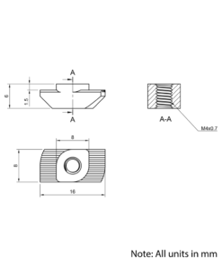 Technical Drawing Of Drop In Nut - T-Slot - 30 Series - M4