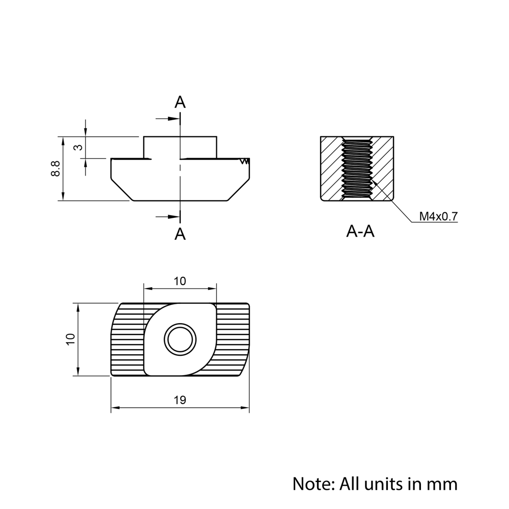 Technical Drawing Of Drop In Nut - T-Slot - 40 & 45 Series - M4 - Stainless Steel