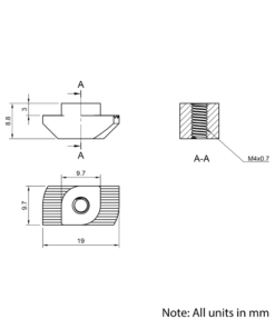 Technical Drawing Of Drop In Nut - T-Slot - 40 & 45 Series - M4