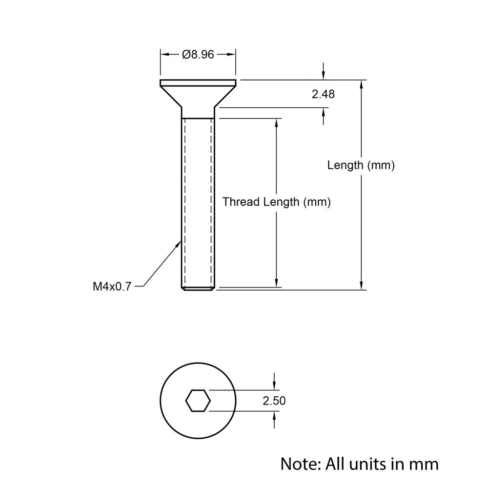 Technical Drawing of Countersunk Bolt - M4 - 40mm