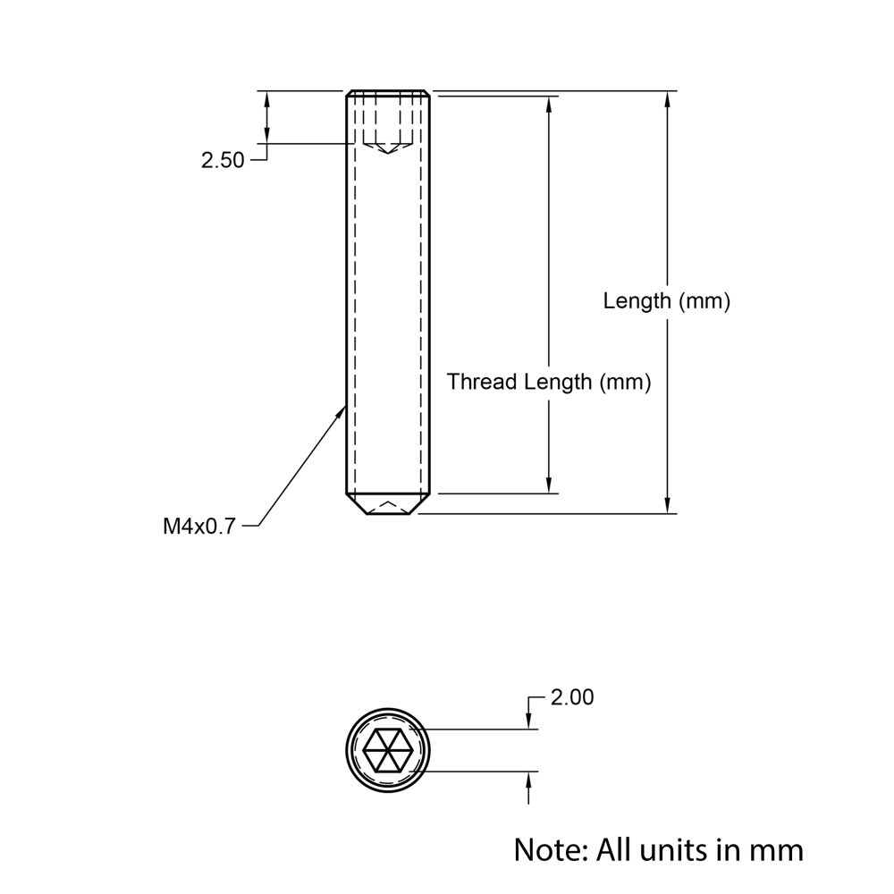 Technical Drawing of Grub Screw - M4 - 8mm