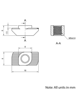 Technical Drawing Of Drop In Nut - T-Slot - 30 Series - M5 - Stainless Steel