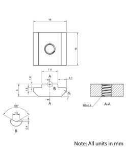 Technical Drawing Of Slide In Nut - T-Slot - 30 Series - M5 - Stainless Steel