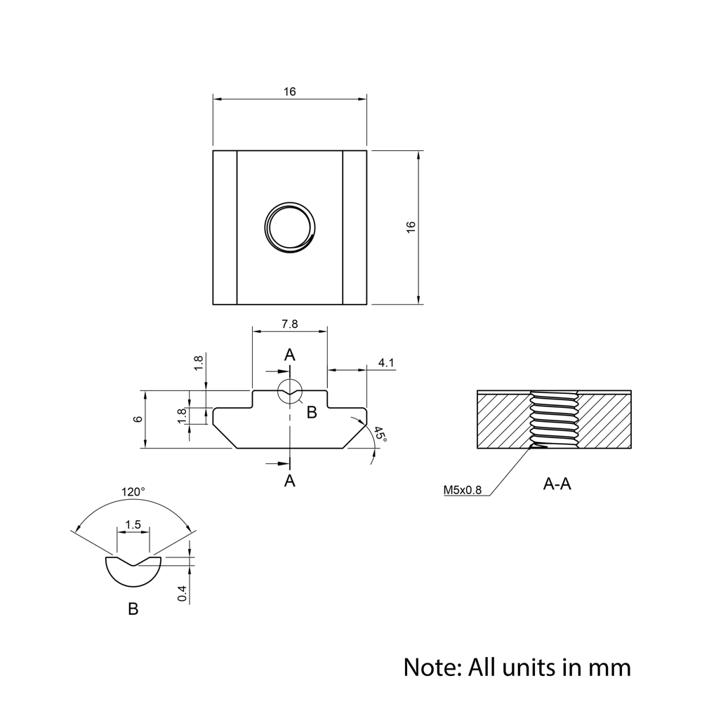 Technical Drawing Of Slide In Nut - T-Slot - 30 Series - M5 - Stainless Steel