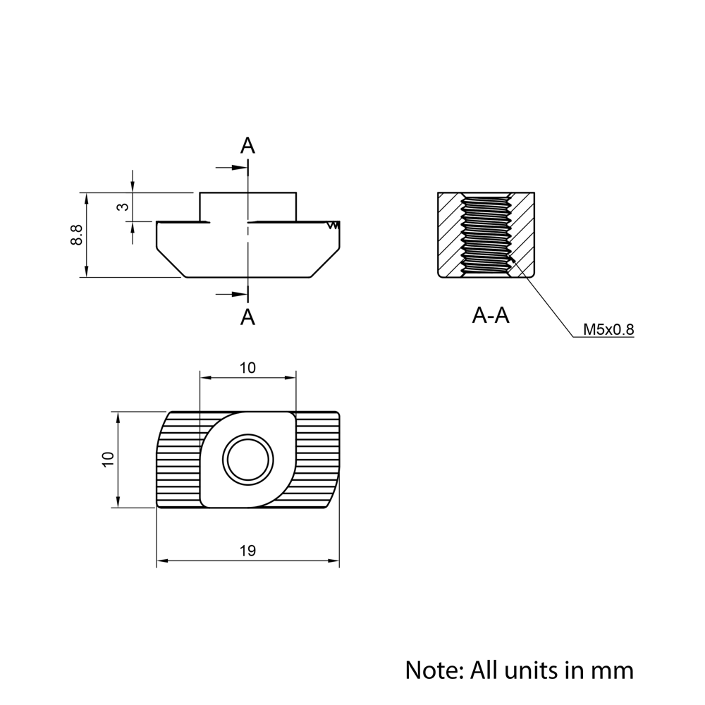 Technical Drawing Of Drop In Nut - T-Slot - 40 & 45 Series - M5 - Stainless Steel