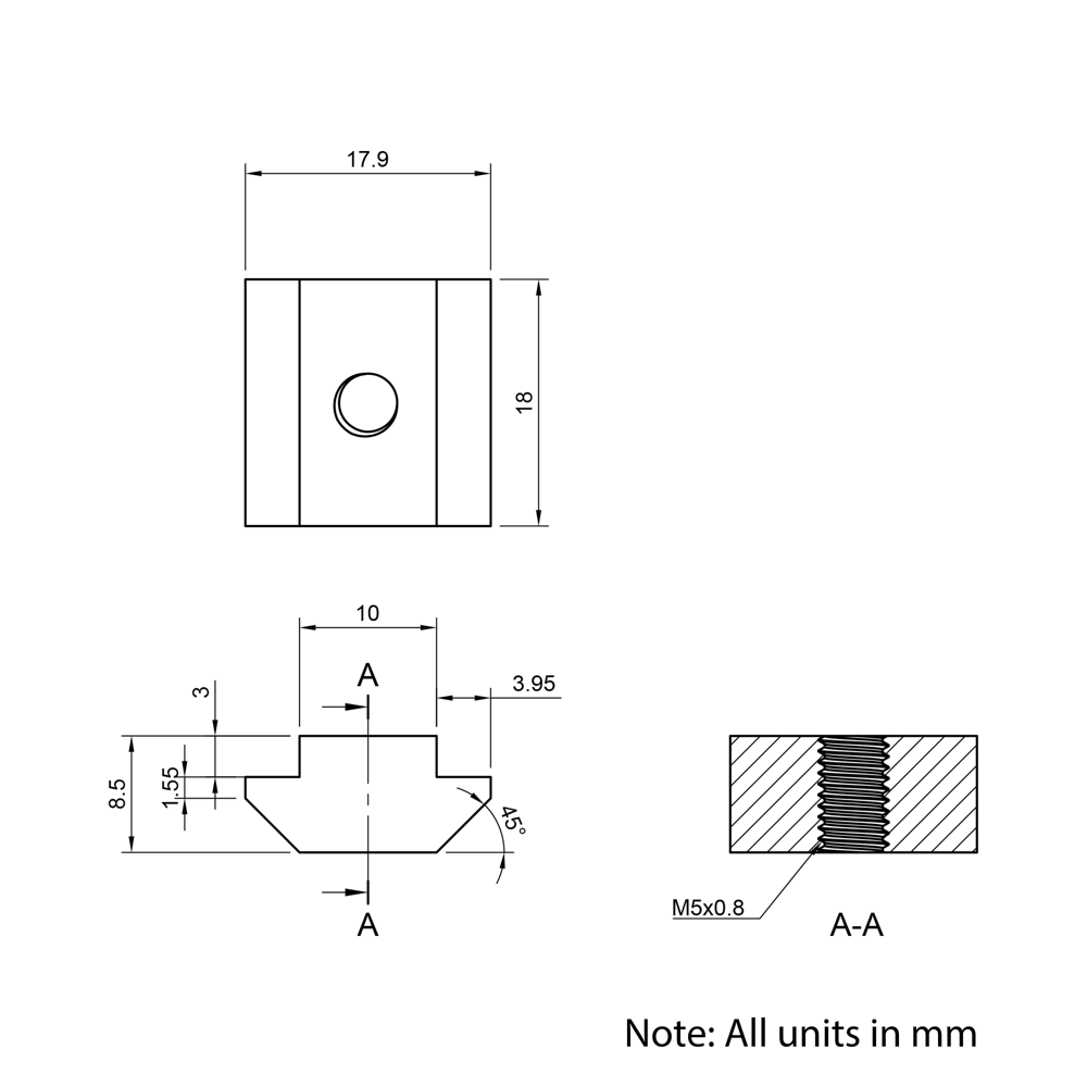 Technical Drawing Of Roll In Nut - T-Slot - 40 & 45 Series - M5